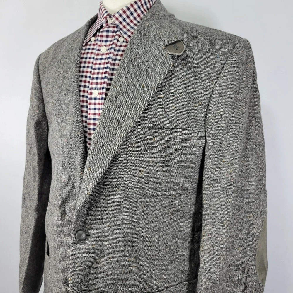 Stafford‎ Men's Tweed Sport Coat Blazer Two Button Gray Wool Elbow Patches 44L